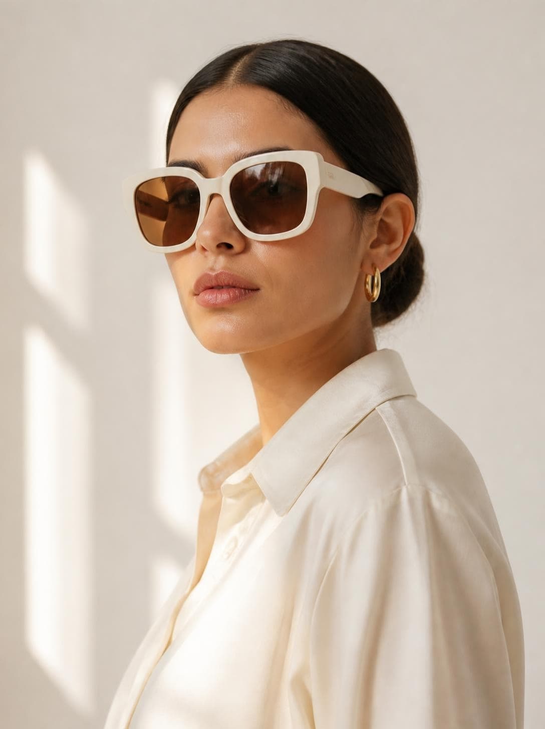 Mujer con lentes cuadrados color marfil