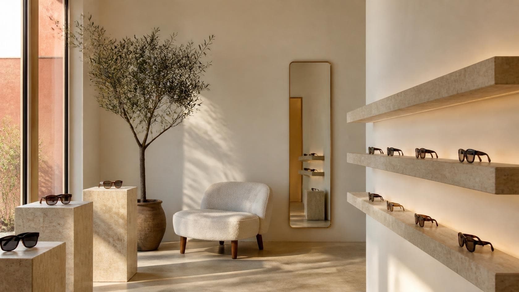 Interior de La Galería: lentes sobre repisas de travertino y luz de tarde