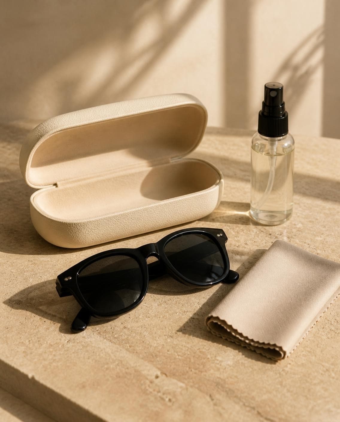 Lentes negros junto a su estuche, paño y spray de limpieza
