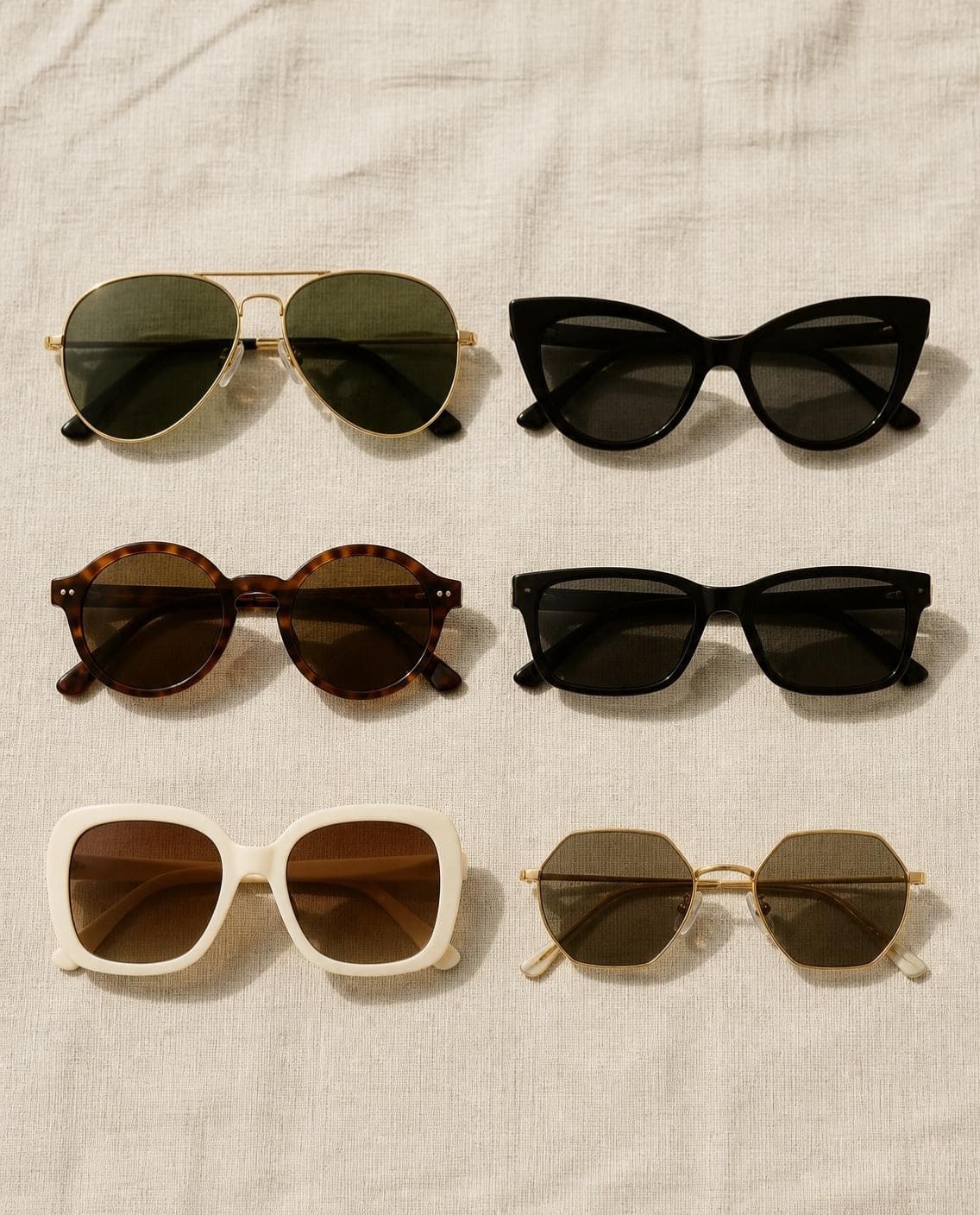 Seis formas de lentes de sol sobre lino