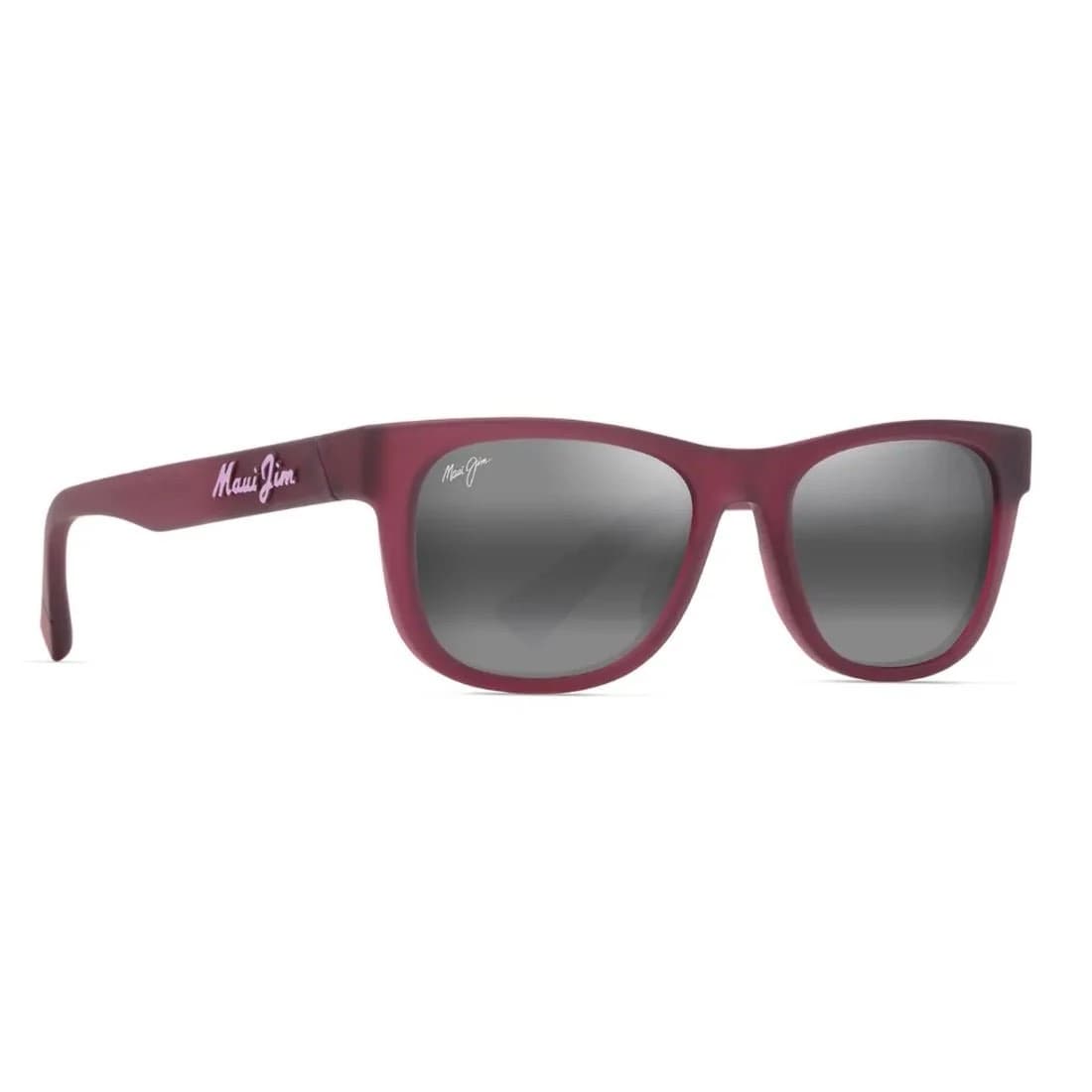 Lentes de sol Maui Jim MJ0687S borgoña mate con firma rosa en la varilla y mica gris espejo, vista 3/4