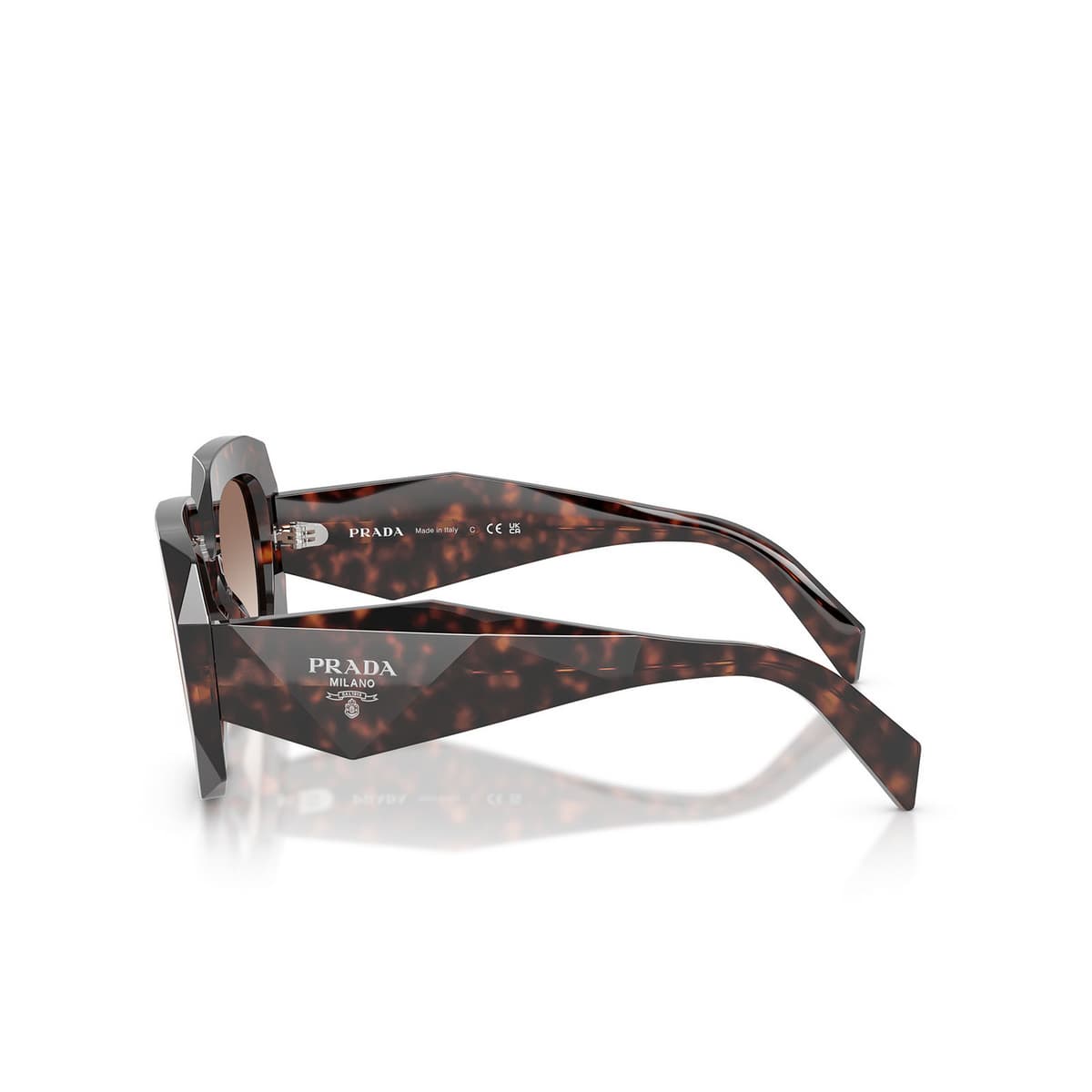 Lentes de sol Prada PR B23S en carey, vista lateral de la varilla facetada
