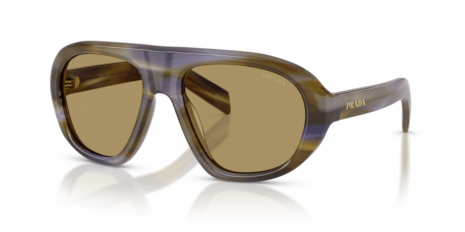 Prada PR C05S en acetato carey oliva y lila con micas café, vista 3/4 con reflejo
