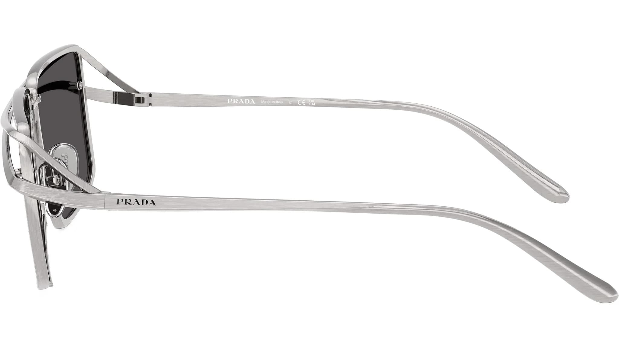 Lentes de sol Prada PR C55S, armazón plata cepillado con micas gris oscuro, vista lateral