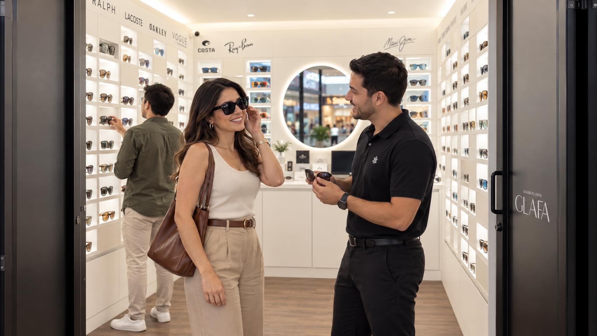 Un asesor de Glafa le muestra otro par a una clienta que se prueba lentes negros en La Galería