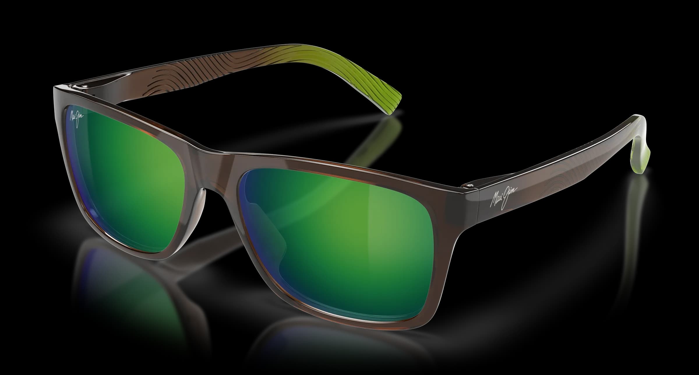 Lentes de sol Maui Jim MJ0345S café y verde lima con mica verde espejo, vista 3/4