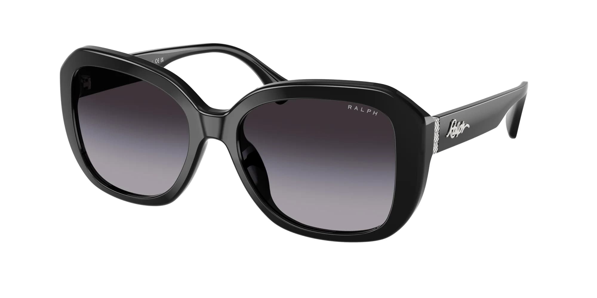 Lentes de sol Ralph RA5321U negro con mica gris degradada, vista 3/4