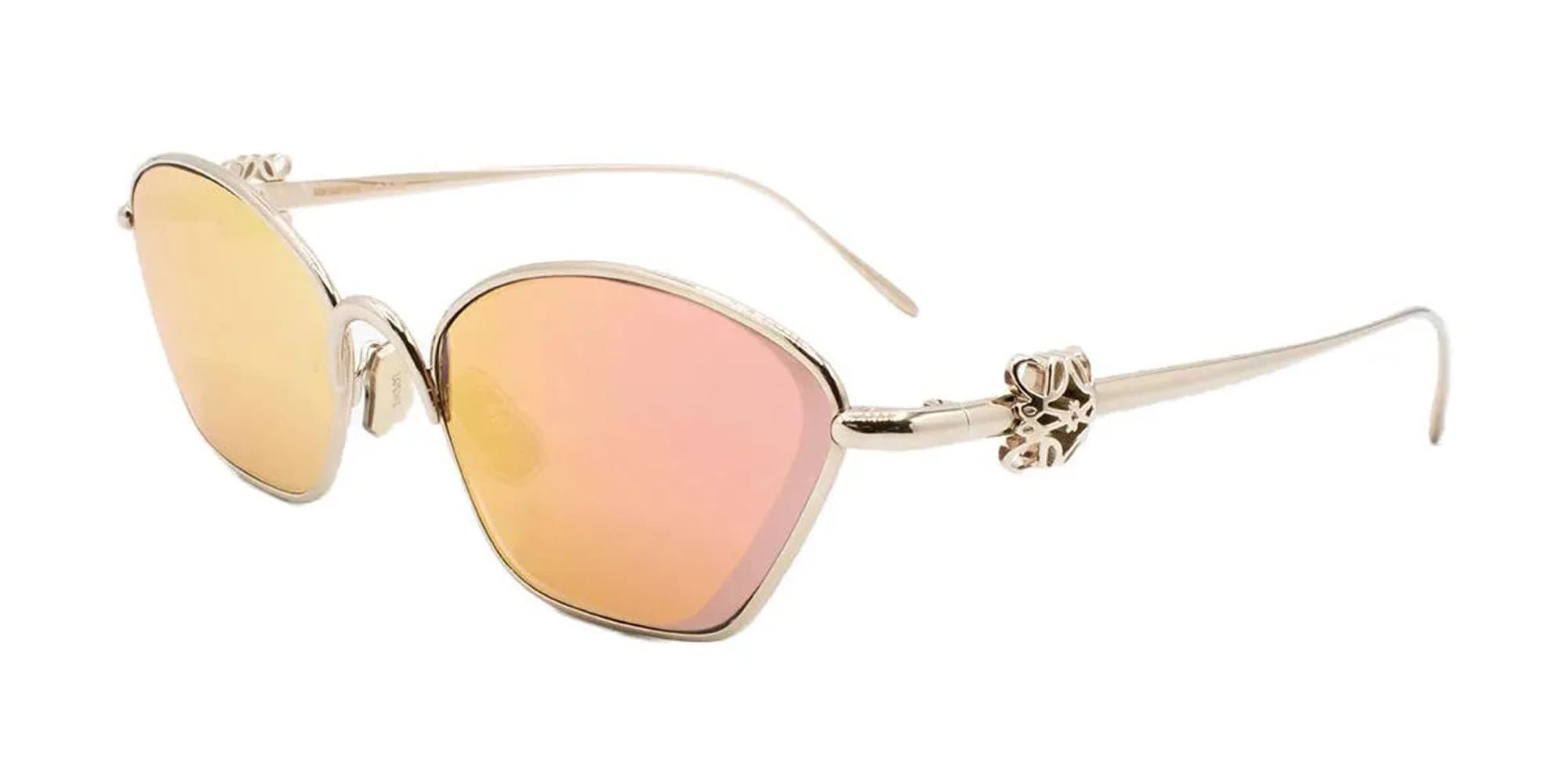 Lentes de sol Loewe Anagram LW40209U, armazón metálico dorado con mica espejo rosa, vista 3/4